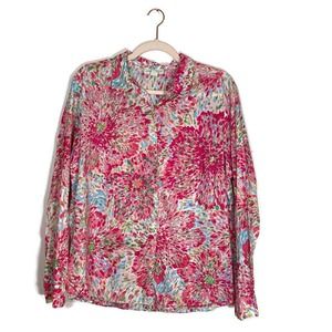 Appleseeds Button Shirt Top Sz L Long Sleeve Floral Bright Cotton Lightweight